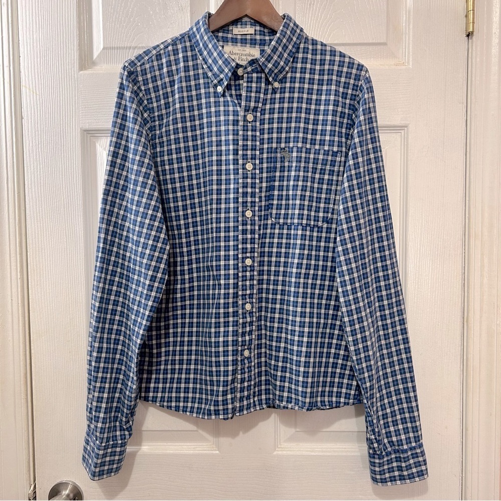 Abercrombie & Fitch Button Down Shirt Men's Muscle Blue White Plaid Size XL